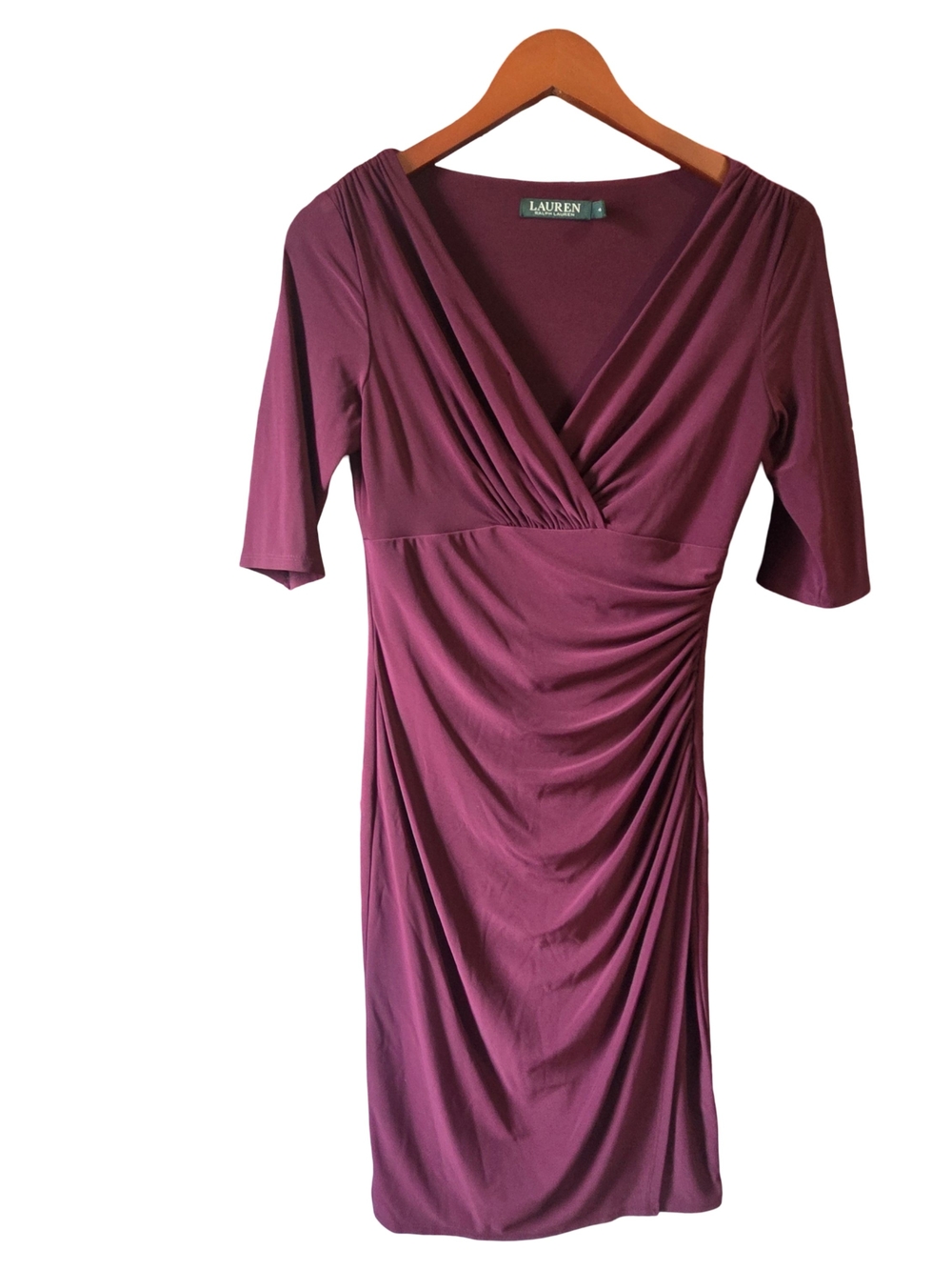 Lauren Ralph Lauren Deep Plum V-Neck Midi Dress with Ruched Skirt